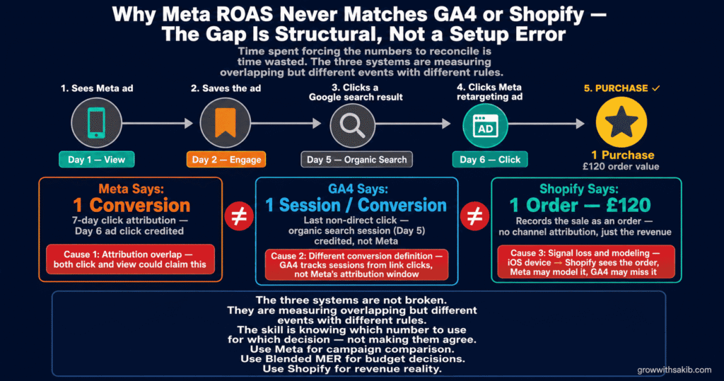 why meta roas never match ga4 or shoify