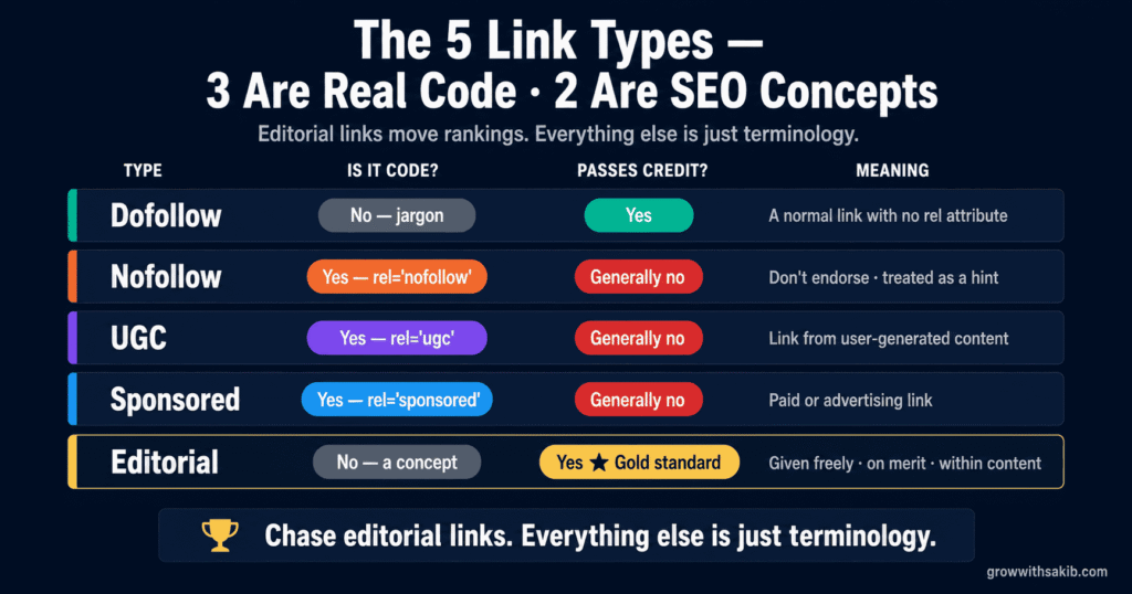Dofollow vs Nofollow Links: What Actually Matters for SEO in 2026 The 5 Link Types - 3 Are Real Code. 2 Are SEO Concepts