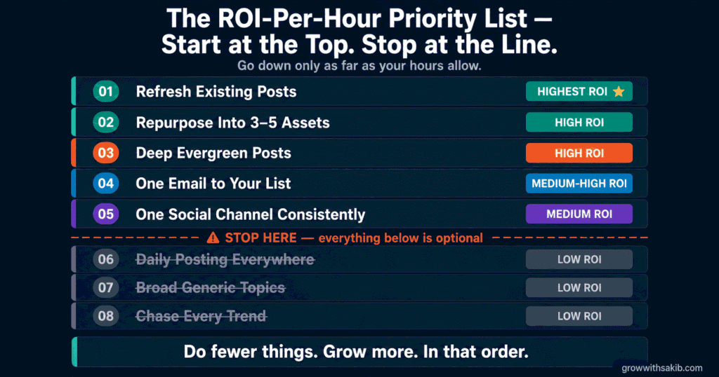 Content Marketing on a Small Budget: What to Prioritise When You Have Limited Time and Money The ROI Per Hour Priority List