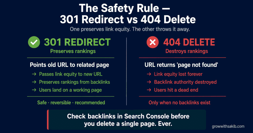 How to Do a Content Audit: Find, Fix, and Refresh Your Underperforming Articles The Safety Rule - 301 Redirect vs 404 Delete